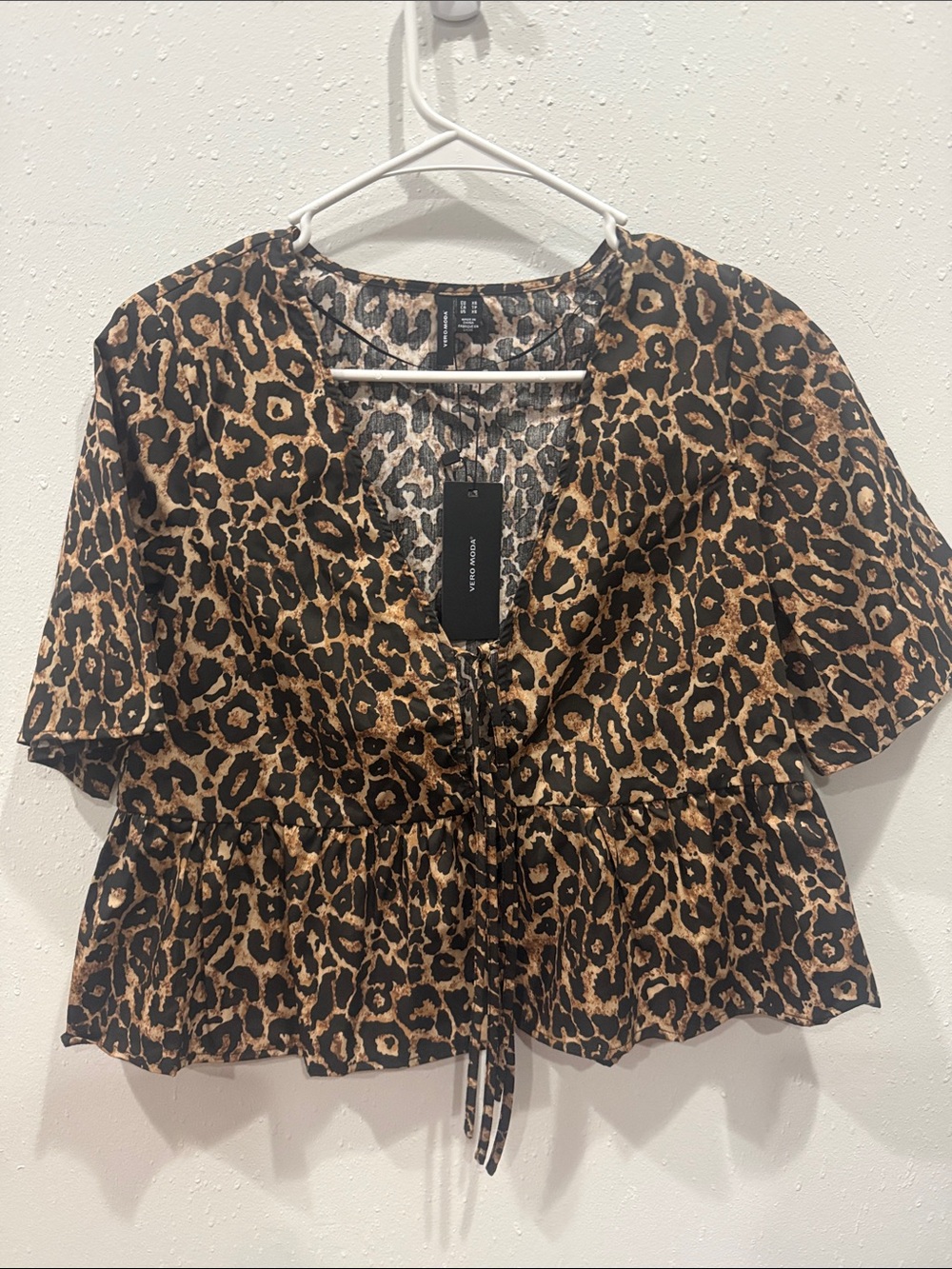 Vero Moda Leopard Print Peplum Tie-Front Top - Black & Brown